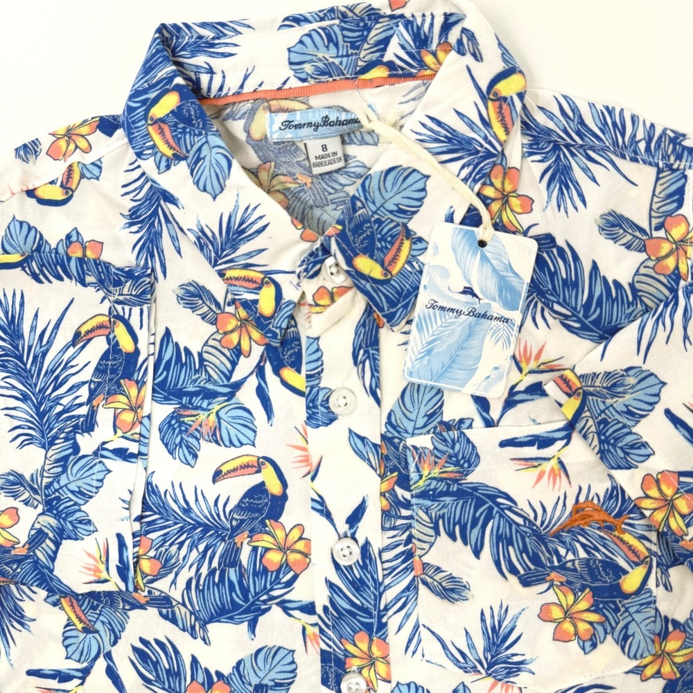 Tommy Bahama Boys Size 8 Tropical Toucan Palm Print Rayon‎ Button Down Shirt NEW